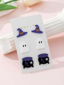 Set de 3 pares de aretes de joyería de moda para mujer con diseño de sombrero de bruja y fantasma esmaltado de cerámica falsa, regalo perfecto para fiestas y reuniones