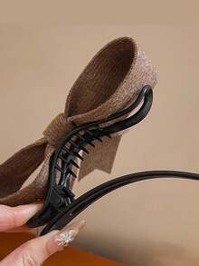 1 pieza Clip de pato coreano de punto con lazo, sensación de alta gama para mujeres, clip de cabello con cremallera a la mitad, accesorio de cabello con temperamento, clip de pato tejido de temperamento simple y versátil