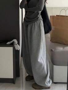 青少年女孩灰色阔腿运动裤，休闲宽松慢跑裤，适合 13-16 岁青少年 - 深灰色 - 查看 2