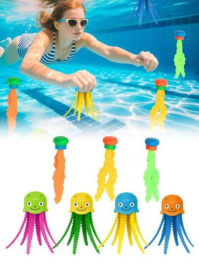 4Pcs Diving Octopus, Seaweed Set Toys, Squid Shaped Diving Toys, Diving Ring Pool Toys, Shark Torpedo Diving Set, Octopus Water Fun Toys, Summer Must-Have Underwater Swimming Throwing Gift, PVC Material, Swimming Pool Treasure Hunt, Swimming Pool & Water Play Equipment, Squid Shaped Diving Equipment