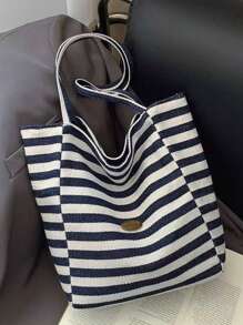 双面复古风格条纹帆布手提包，女士大容量条纹帆布手提包 - 时尚单肩包，适合旅行和购物，鲜艳的红白条纹，宽敞，多功能，可手洗 - 无封口，日常手提包，休闲日常手提包，购物手提包|休闲时尚包|条纹图案包，沙滩配饰|镂空设计 - 彩色 - 查看 6