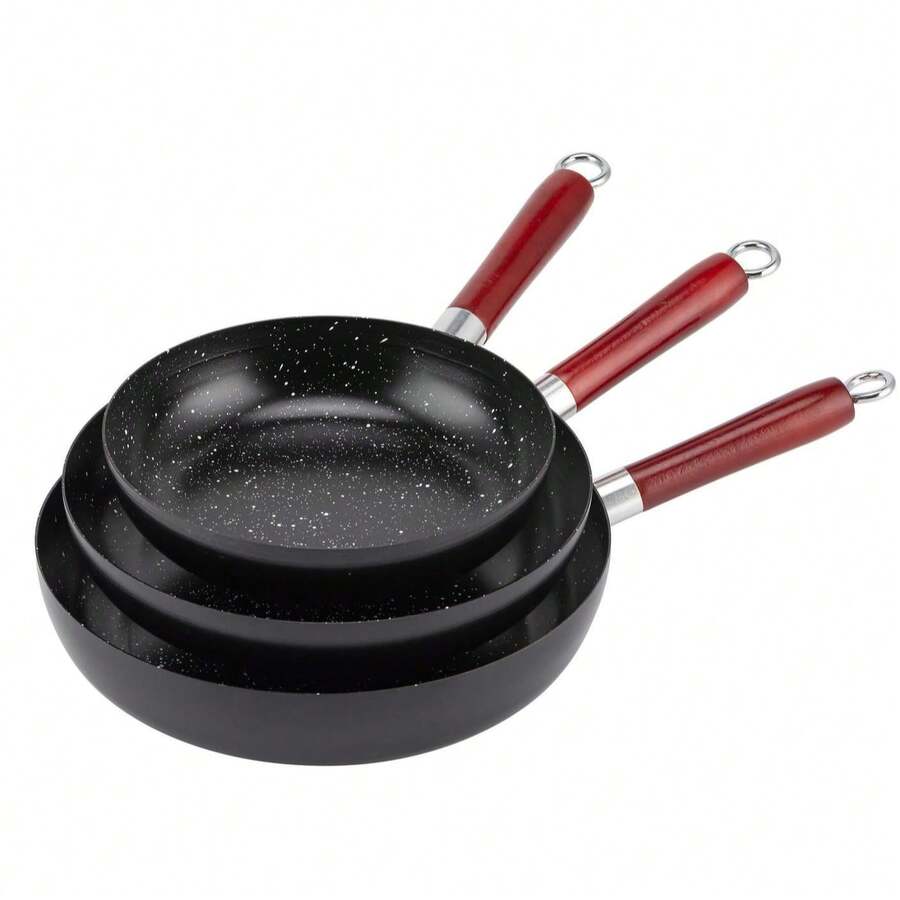 3-Piece Flat Bottom Frying Pan Set, Multi-Function Egg Pan, Frying Pan, Suitable For Gas Stove And Induction Cooktop, Kitchen Utensils, Kitchen Gadgets, Kitchen Accessories, Home Kitchen Supplies, Steak And Egg Frying Pan Set (22/24/26cm) - Black - View 1