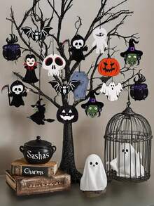 12 pezzi, Decorazione in legno per albero di Ognissanti - Una decorazione piatta 2D durevole con vampiri, fantasmi, streghe, mummie e zucche, perfetta per decorare feste di vacanza - Decorazioni da appendere perfette a tema teschio e strega per celebrazioni festive