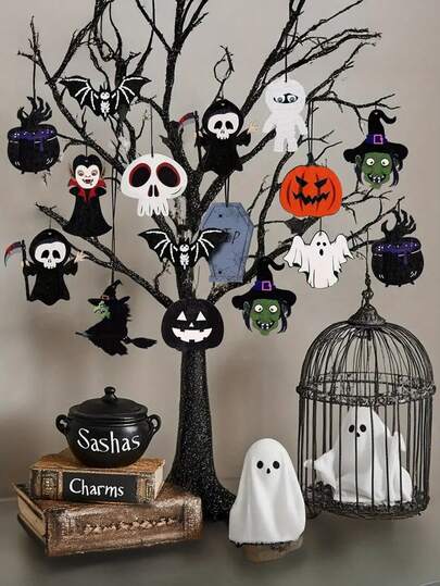12 pezzi, Decorazione in legno per albero di Ognissanti - Una decorazione piatta 2D durevole con vampiri, fantasmi, streghe, mummie e zucche, perfetta per decorare feste di vacanza - Decorazioni da appendere perfette a tema teschio e strega per celebrazioni festive