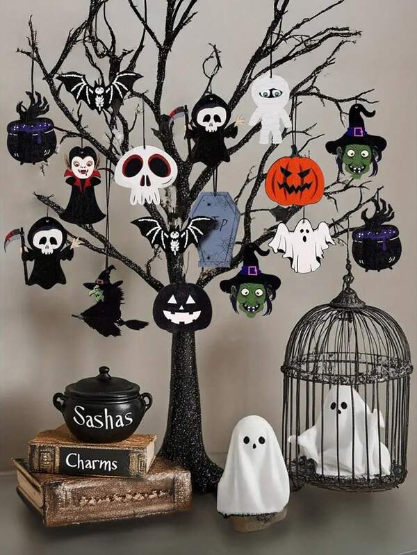 12 pezzi, Decorazione in legno per albero di Ognissanti - Una decorazione piatta 2D durevole con vampiri, fantasmi, streghe, mummie e zucche, perfetta per decorare feste di vacanza - Decorazioni da appendere perfette a tema teschio e strega per celebrazioni festive