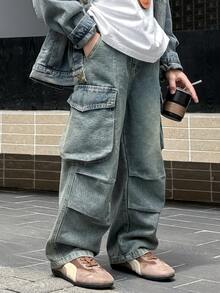 Boys' Loose Fit Casual Cargo Jeans Pants, Suitable For Daily, School, Outdoor Wear, Autumn