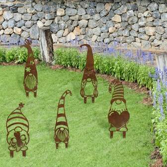 5 件乡村金属地精花园桩 - 迷人的户外装饰，适用于庭院、露台和草坪，完美的母亲节礼物，现代风格，落地安装，无需电源，地精花园装饰