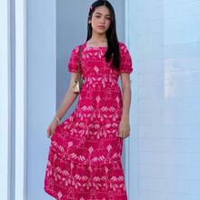 Long Youth Dress Modern Fashion In Lesse Print - Hot Pink - View 3