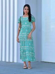 Long Youth Dress Modern Fashion In Lesse Print - Green - View 4