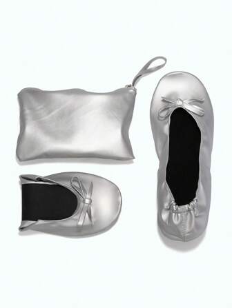 Draagbare opvouwbare platte schoenen voor kinderen, yogaschoenen, balletschoenen, oprolbare reisschoenen, eenvoudige platte schoenen met elastische band, zilveren indoor yogaschoenen voor meisjes, casual zachte en comfortabele platte schoenen, geschikt voor binnen- en buitengebruik.