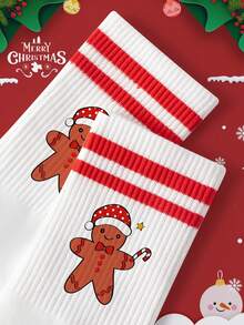 1 Pair Women/Couples Red Striped Gingerbread Man & Letter Mid-Calf Socks, "Merry Christmas" Casual Versatile Crew Socks, Soft Breathable Moisture-Wicking, Suitable For Christmas, Students, Adults, Gifts, Daily Life, Outdoor, Indoor, Sports - Multicolor - View 3