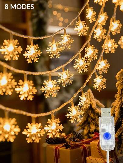 1条1.5/3/4.5/6米USB供电8种灯光模式圣诞家居装饰雪花灯串，圣诞树装饰雪花灯，圣诞室内派对装饰灯串，卧室墙面装饰灯，窗帘装饰灯，圣诞礼物送给朋友