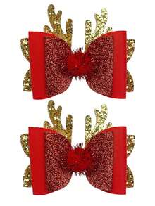 2pcs Christmas Deer Antler Bow Pom Pom Hair Clips, Children Christmas Holiday Costume Hair Accessories, Glitter Duck Clip, Suitable For Daily Outfit And Gift Matching