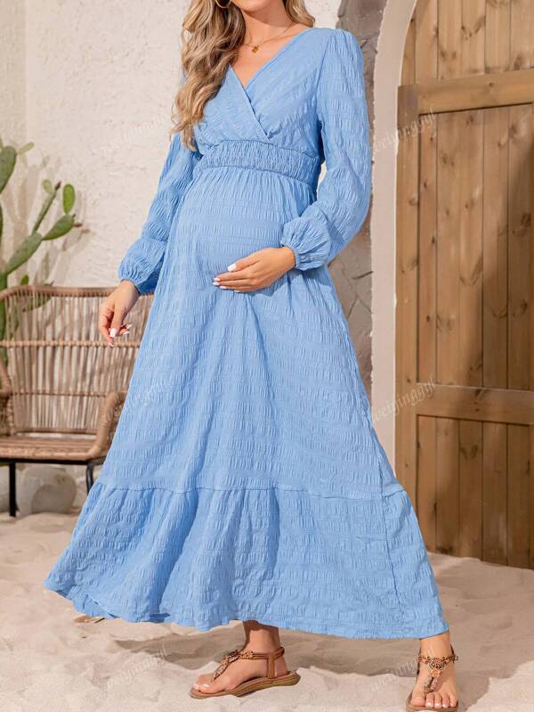 Maternity Women Fall & Winter Long Sleeve High Waist Pregnant Ruffle Tiered Pregnant Dress For Baby Shower
