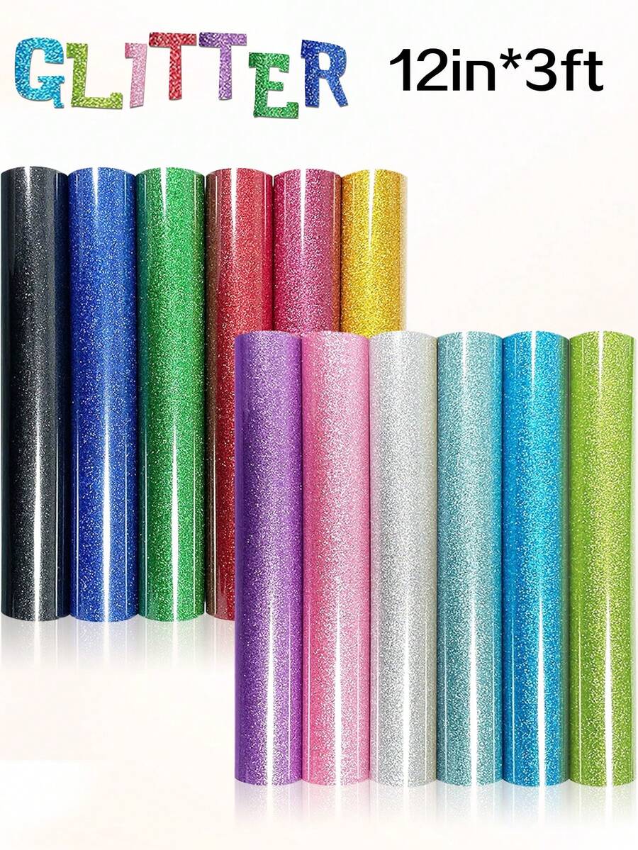 12 Solid Color Glitter Vinyl Sheets, Sparkle Glitter Lettering Film, 30.5cm X 90cm / 12in X 3ft, DIY Pattern Heat Transfer Vinyl