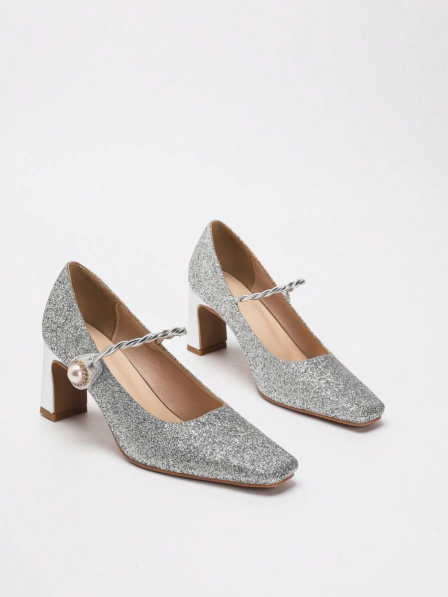 1 Par de Sapatos de Salto Grosso Elegantes de Bico Quadrado Estilo Mary Jane para Mulheres, Projetados com Tecido Brilhante Dourado/Prateado e Decoração de Fivela com Pérolas Falsas, Salto Quadrado Grosso Antiderrapante, Adequado para Festa, Salto, Outono, Casamento, Banquete e Uso Diário no Trabalho