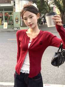 Áo len cardigan dệt kim ôm vừa vặn màu đỏ dành cho nữ, áo len mỏng đa năng gợi cảm mùa thu/đông mới, thích hợp cho Giáng sinh, năm mới, đi làm và đi chơi - Đỏ - Xem 6