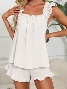 Women's Summer Lounge Set Ruffle Shoulder Strap Tank Tops Drawstring Shorts Sleepwear Sets Bridal Pajama Set For Women - White - View 1