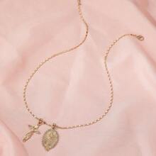 流行复古圣母玛利亚和十字架吊坠项链，天然石不锈钢颈链，适合婚礼、派对、礼物、情人节、狂欢节、返校、妇女节、大学、商务、派对、宴会、日常穿着、节日礼物