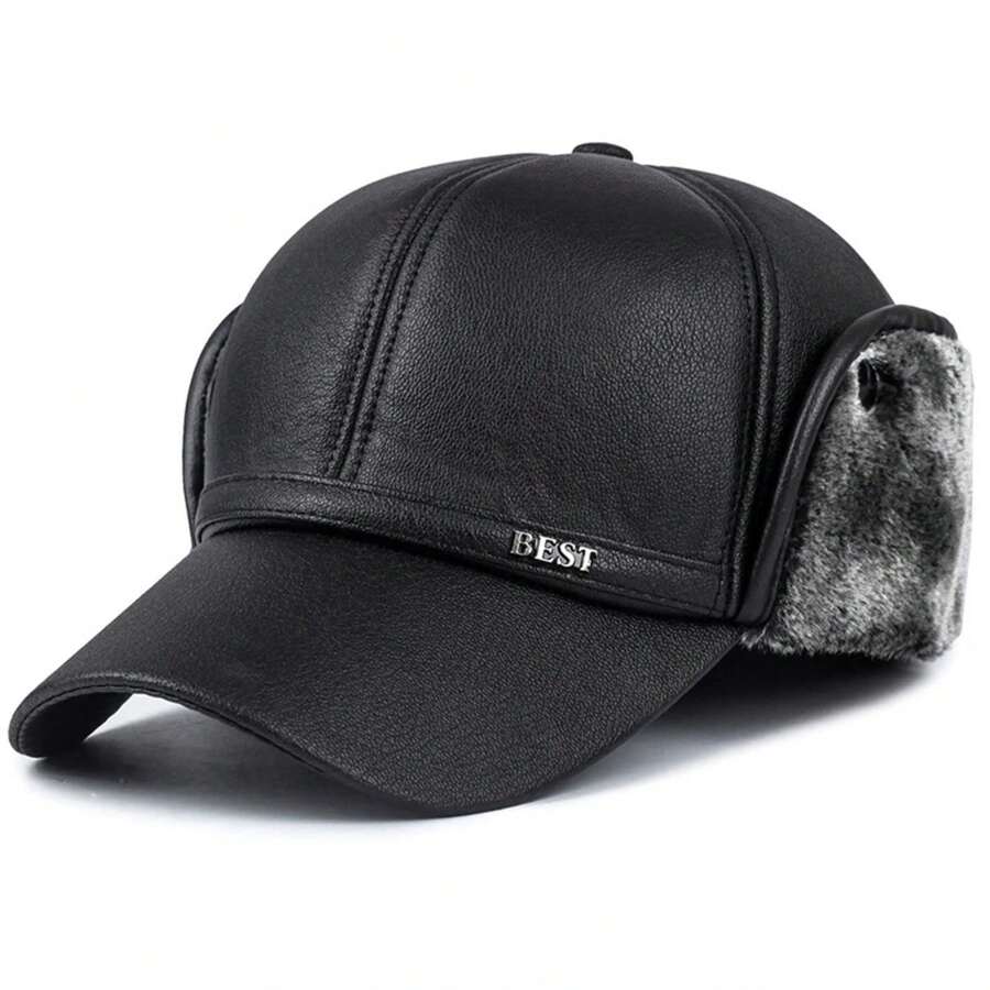 Gorro de invierno nuevo para hombre, gorra de béisbol de cuero de imitación, gorra con protección para los oídos a, gorra, gorro cálido para invierno al aire libre, sombrero para ancianos PSWU - Gris - Ver 1