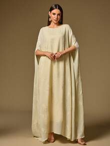 女士圆领休闲连衣裙，带有随机刺绣和后开衩 - 淡黃色 - 查看 4