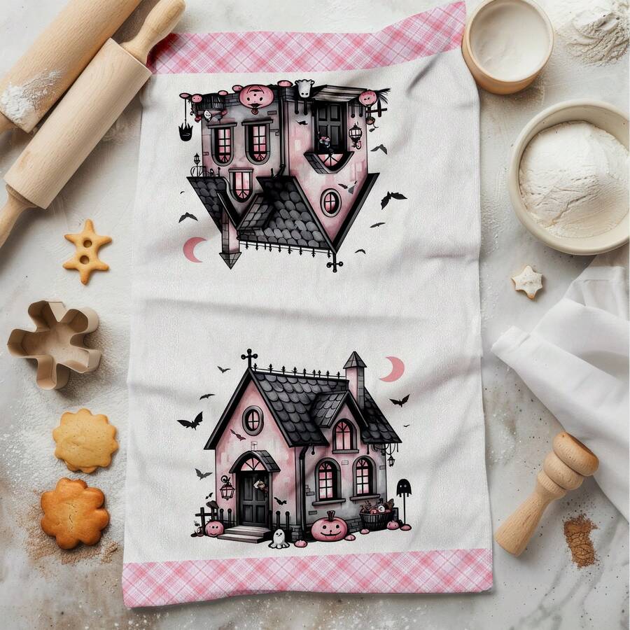 2/4/6/48 Stück Halloween Rosa Haus Muster Weiche Küchentücher/Handtücher, Multifunktional, schnell trocknende Geschirrtücher, geeignet für Küche, Feier, Hochzeit, Dekoration und mehr