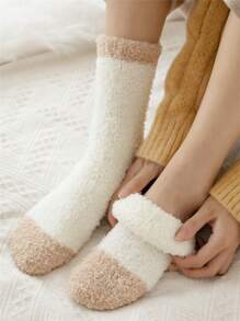 1Pair Women Khaki Socks With White Stripes Winter Cozy Warmly Soft Fuzzy Socks Comfort Fluffy Anklet Crew Socks