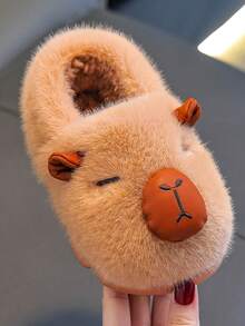 1 Pair Kids Cartoon Style Cute Thick Warm Indoor Slippers With Heel, Suitable For Boys And Girls, Autumn/Winter