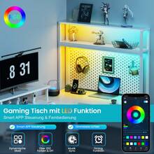 HLONONE Gaming Table with LED, 170 x 100 cm, Gaming Desk, L Shape with 3 Sockets and 2 USB, Reversible Corner Desk, PC Corner Table, Computer Desk with Monitor Stand and Countertop Shelf