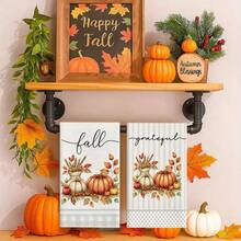 Un set de 2 bucăți de prosoape cu tematică de toamnă de Ziua Recunoștinței, concepute cu prosoape imprimate cu model de dovleac și frunze de arțar, lavabile la mașină, rezistente la căldură, absorbante și reutilizabile, potrivite pentru decorarea camerei, prosoape de bucătărie și baie, decorarea petrecerilor, decorarea casei, fiind un cadou ideal pentru toamnă și Ziua Recunoștinței. - Multicolor - Vizualizare 13