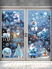 110pcs/9sheets - Blue Christmas Static Cling Window Stickers, Santa Claus, Reindeer, Snowman Decals - Snowflakes, Christmas Tree, Gifts, Decorative Glass Door Stickers - Double-Sided Reusable Cling Christmas Window Stickers For Holiday Decoration, Non-Electronic, Feather-Free, Suitable For Christmas And New Year, Home, Office And Party Decoration - Multicolor - View 1