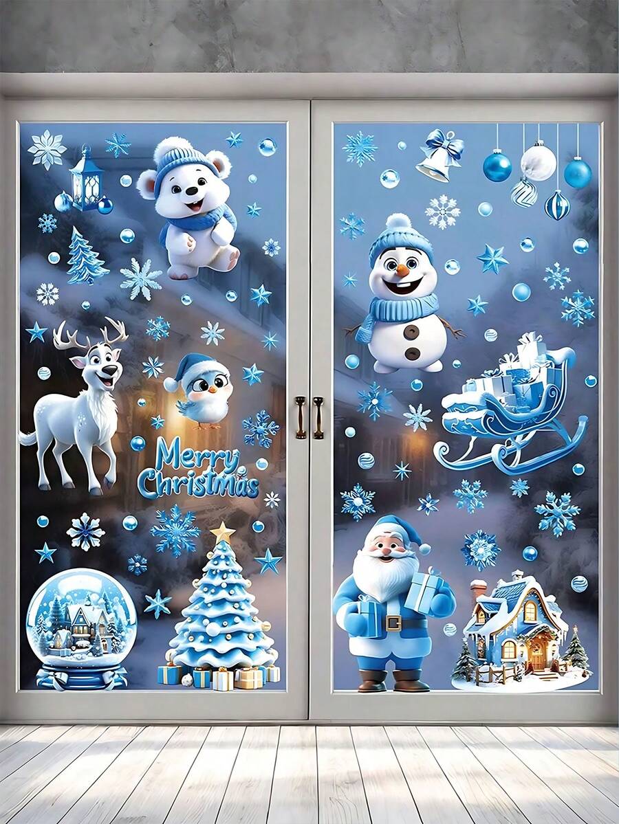 110pcs/9sheets - Blue Christmas Static Cling Window Stickers, Santa Claus, Reindeer, Snowman Decals - Snowflakes, Christmas Tree, Gifts, Decorative Glass Door Stickers - Double-Sided Reusable Cling Christmas Window Stickers For Holiday Decoration, Non-Electronic, Feather-Free, Suitable For Christmas And New Year, Home, Office And Party Decoration - Multicolor - View 1