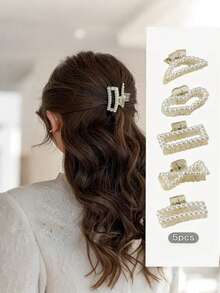 9pcs Faux Pearl Decor Hair Claw Elegant Valentine's Day Valentines Claw Clips Hair Clips Hair Jaw Clip Hair Clamps Hair Clutch Hair Catcher Clip, School Stuff, College, Faux Pearl Hair Accessories Fall Winter For Vacation Outfits Woman