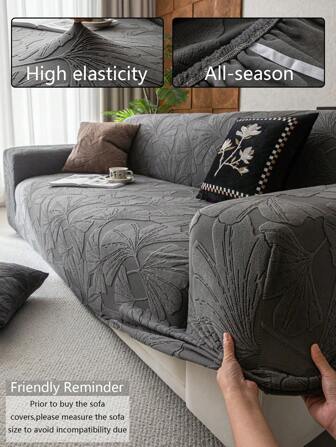 1pc Leaf Texture Jacquard Sofa Cover, Non-Slip, Stretch Fit Sofa Slipcover For All Seasons, Pet Scratch Resistant, Suitable For Bedroom, Office, Living Room Home Decor, Fits Single/Loveseat/3-Seater/4-Seater