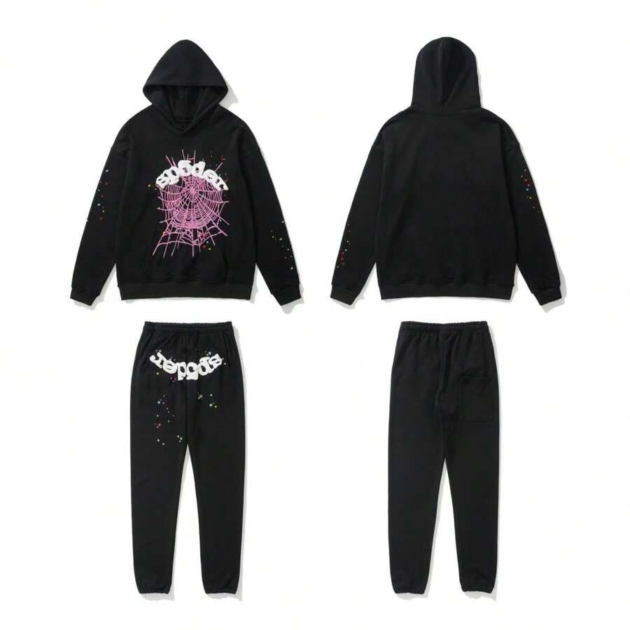Sp5der 555555 Spider Web Foamed Printed Pure Cotton Hooded Sweatshirt Casual Long Pants Set For Autumn And Winter Men And Women - 黑色 - 查看 1