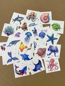 30 片防水卡通纹身贴，鱼、章鱼、水母、鲸鱼、鲨鱼海洋主题图案临时纹身，适合身体艺术，可爱假纹身 - 彩色 - 查看 8