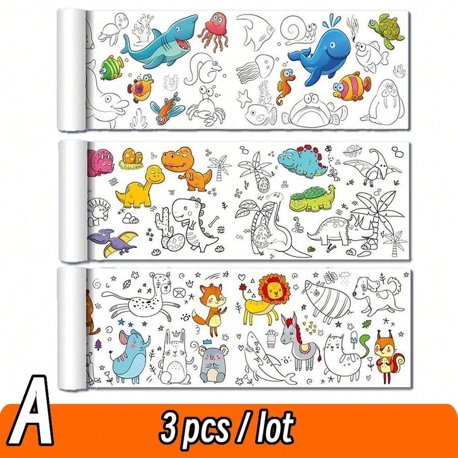 Rollo de dibujo de lienzo de animales de 90cm para niños, rollo de papel para colorear, relleno de Color, Graffiti, pintura cortada en papel, escuela educativa - Un juego de 3 piezas - Ver 1
