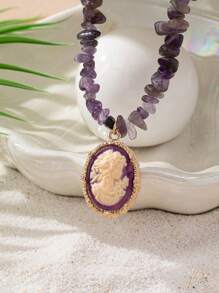 1pc Vintage Relief Goddess Head Pendant Necklace For Women - Multicolor - View 9