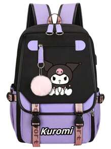 Sanrio Sanrio Kuromi Anime Cartoon Backpack , Nylon Laptop Backpack For Boys And Girls, Multiple Compartments, External Device Ports, Waterproof Design, Adjustable Shoulder Straps, Suitable For School And Daily Use As Well As Travel, Cute Cartoon Printing, Themed Lunch Bag, Backpack Durable Zipper Closure, Back-To-School Supplies