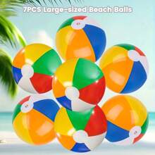 1套7件套彩色充气沙滩球PVC泳池派对用品，采用马卡龙色和白色面板设计，适用于生日、婚礼、沙滩装饰、节日气氛配件、水上娱乐产品，