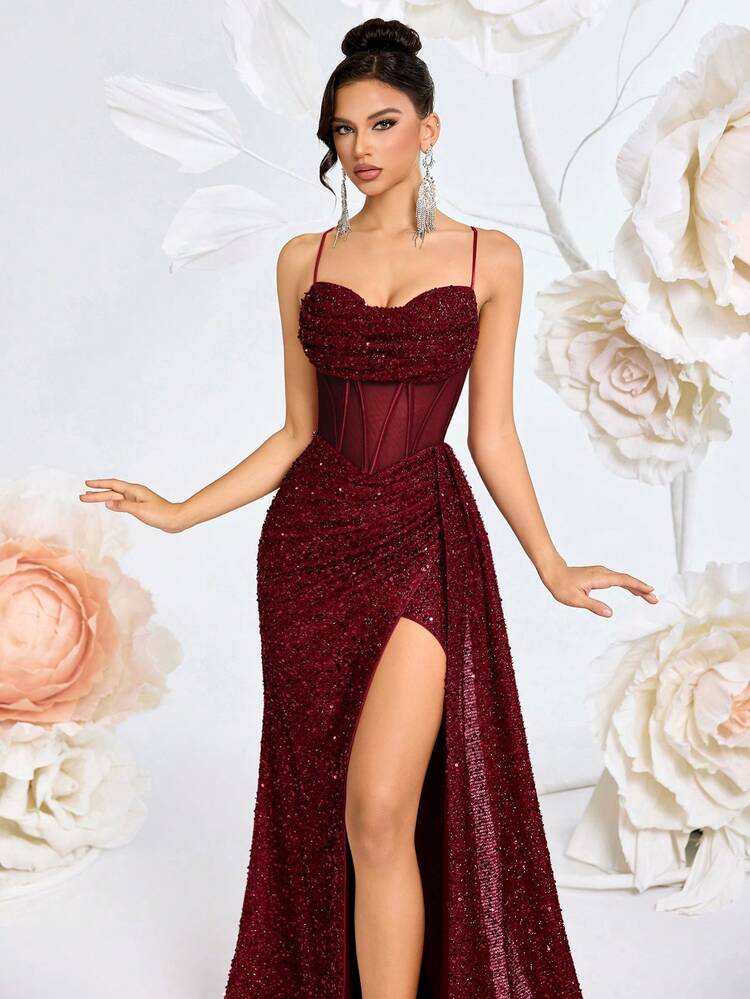 Elisanya Vestido con tirantes de espagueti, cuello en V, parche de malla con lentejuelas, cintura alta, con cinturón de lazo, espalda descubierta, abertura, adecuado para vestido de noche de graduación o fiesta - Burdeos - Añade 5