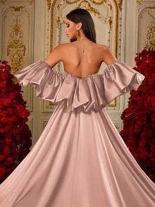 Đầm dạ hội sang trọng kiểu đuôi cá màu xanh ô liu, đính cườm 3D hình cánh hoa, tay phồng, chất liệu satin, thích hợp cho đám cưới, tiệc mùa xuân, không dây vai. - Hồng - Xem 10