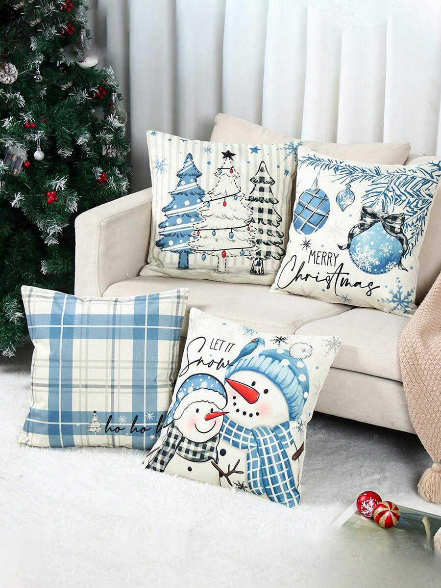 4 pièces Taie d'oreiller en lin de Noël, Housse de coussin Joyeux Noël avec sapin de Noël, bonhomme de neige, boule de Noël et motif à carreaux, Housse de coussin 45*45cm (Hors rembourrage), Décorations de Noël, Décoration de fête de Noël