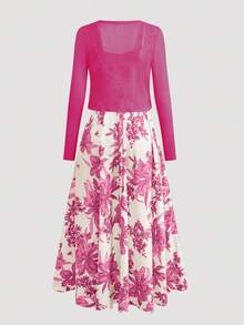 女式无袖印花腰喇叭裙搭配针织开衫，浪漫波西米亚花卉印花度假装套装 - 玫紅色 - 查看 6