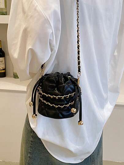 Solid Color Fashionable Rhombus Mini Drawstring Bucket PU Commuter Elegant Women Shoulder Bag With Chain