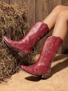 Women's Mid Calf Cowgirl Boots Cowboy Boots Pointed Toe Fashion Slip-On Chunky Heel Embroidery Stitched Western Red Boots For Festival Party Shoes - 紅色 - 查看 1