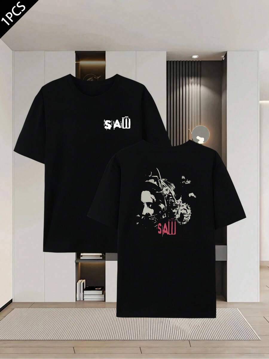 Herren-Saw-Film-Grafik-T-Shirt , Herren-T-Shirt Mit Beidseitigem Aufdruck, Modisch, L?Ssig, Rundhalsausschnitt, 220 G/M2, Reine Baumwolle (1 Stück) - 黑色 - 查看 1