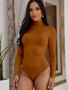 Women's Bodysuit Leotard Second Skin Long Sleeve High Neck Versatile Basic Casual Suplex - Màu nâu  Mocha - Xem 1