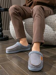 Sandal Pria Berbahan Plush dengan Desain Patchwork, Untuk Dalam/Luar Ruangan, Hangat, Anti Selip, Tahan Lama, Abu-abu Netral, Musim Dingin - Grey - View 7