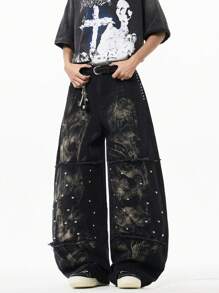1pc Unisex Rivet Patchwork Washed Distressed Flare Leg Jeans, High Street American Style Casual Loose Pants, Emo Style - Black - View 2
